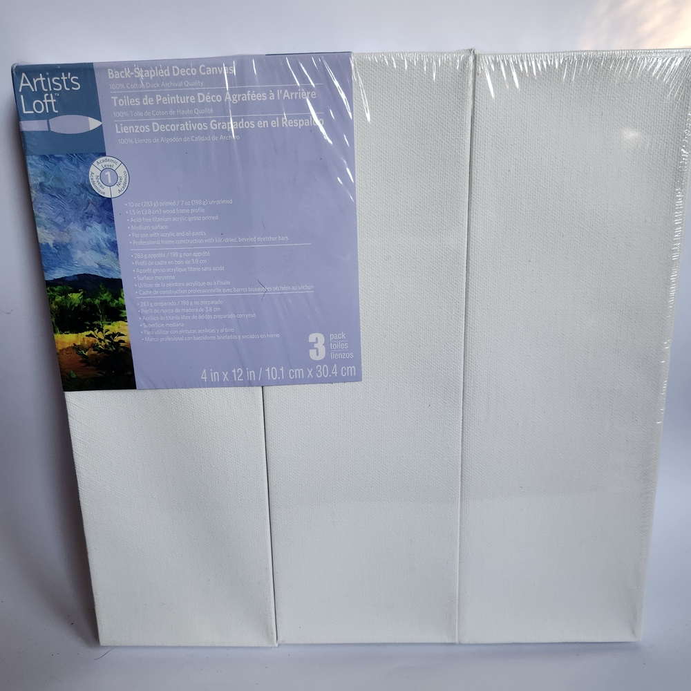 NWT Artists Loft 4x12 in Back-Stapled Deco Canvas 3 Pack Wood Frame
